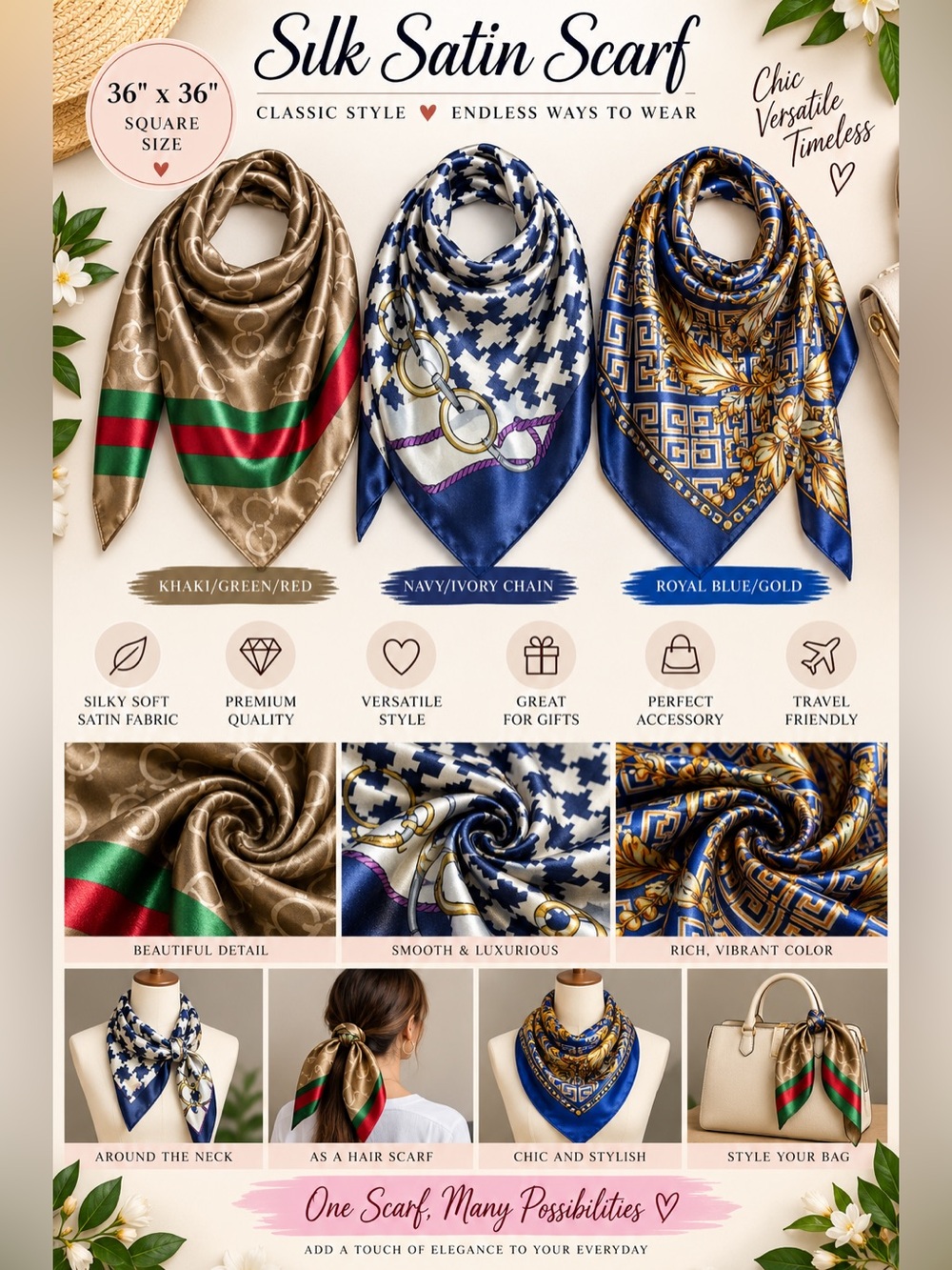 Silk Satin Scarf - Navy & Ivory Chain Print